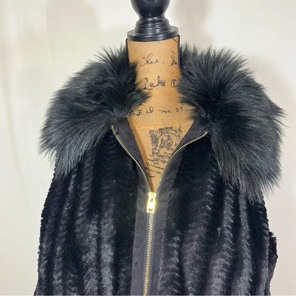 Women's Black Faux Fur Zip-Front Coat with Fur Collar Marc New York 2x NWT - Picture 2 of 15